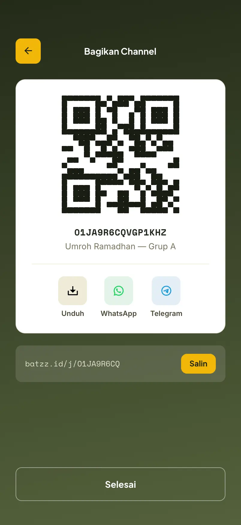 Tangkapan layar kartu Bagikan Channel berisi kode QR