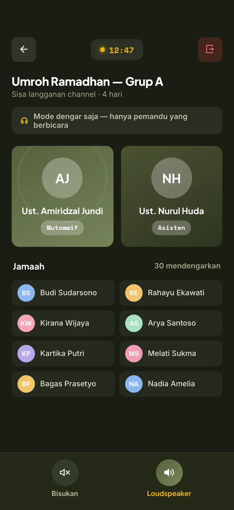 Tangkapan layar daftar peserta channel yang sedang mendengarkan